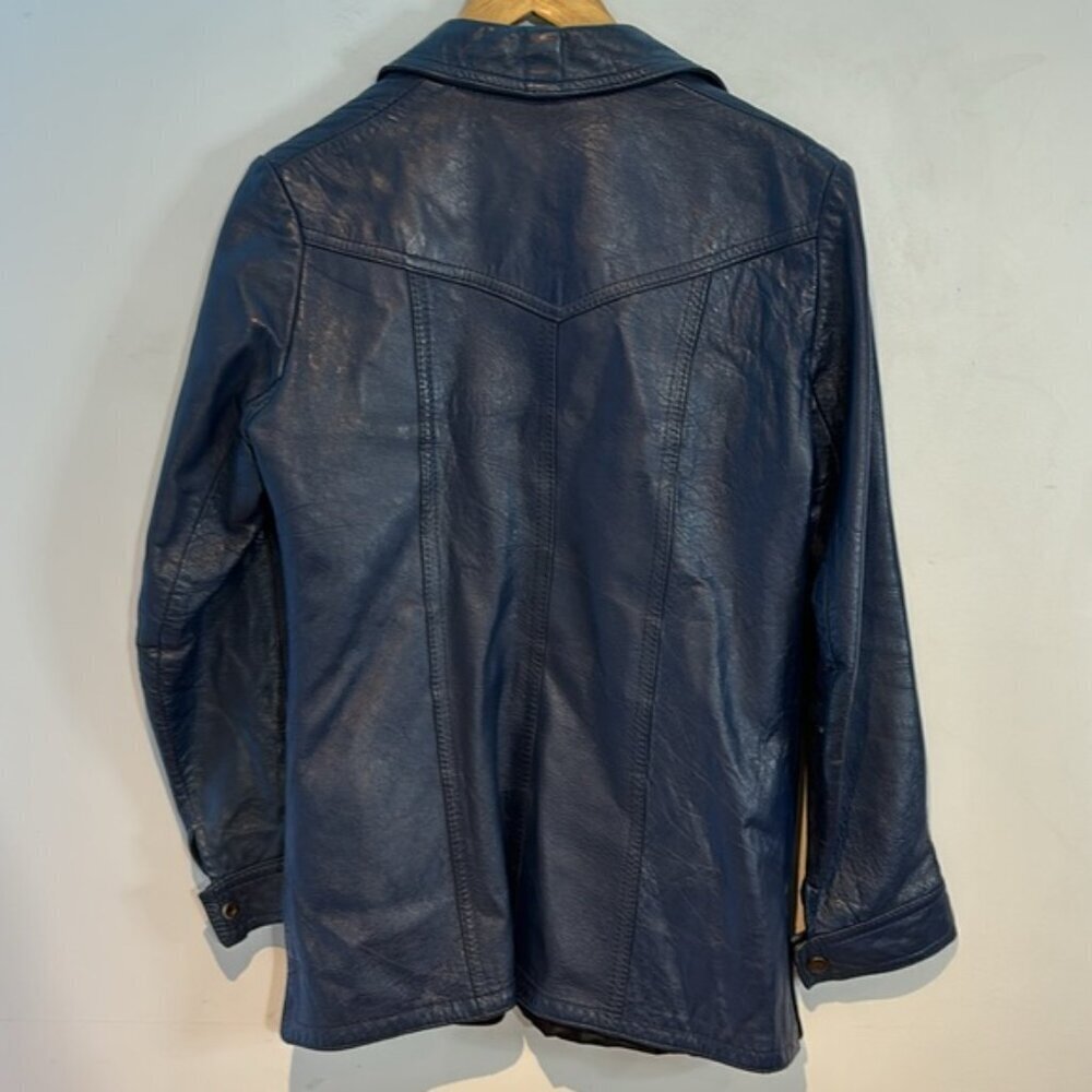 Vintage blue leather jacket snap closure shirt style fitted size S/M by Marquis - Picture 11 of 12